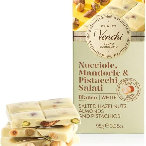 Λευκή σοκολάτα με φουντούκια IGP, αμύγδαλα και αλατ. φιστίκια 95g